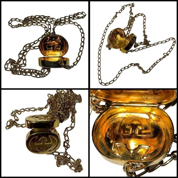 Gucci Vintage Necklace Yellow Gold Oval Locket Pill Box L Chain Raised GG Motif - Picture 10 of 16